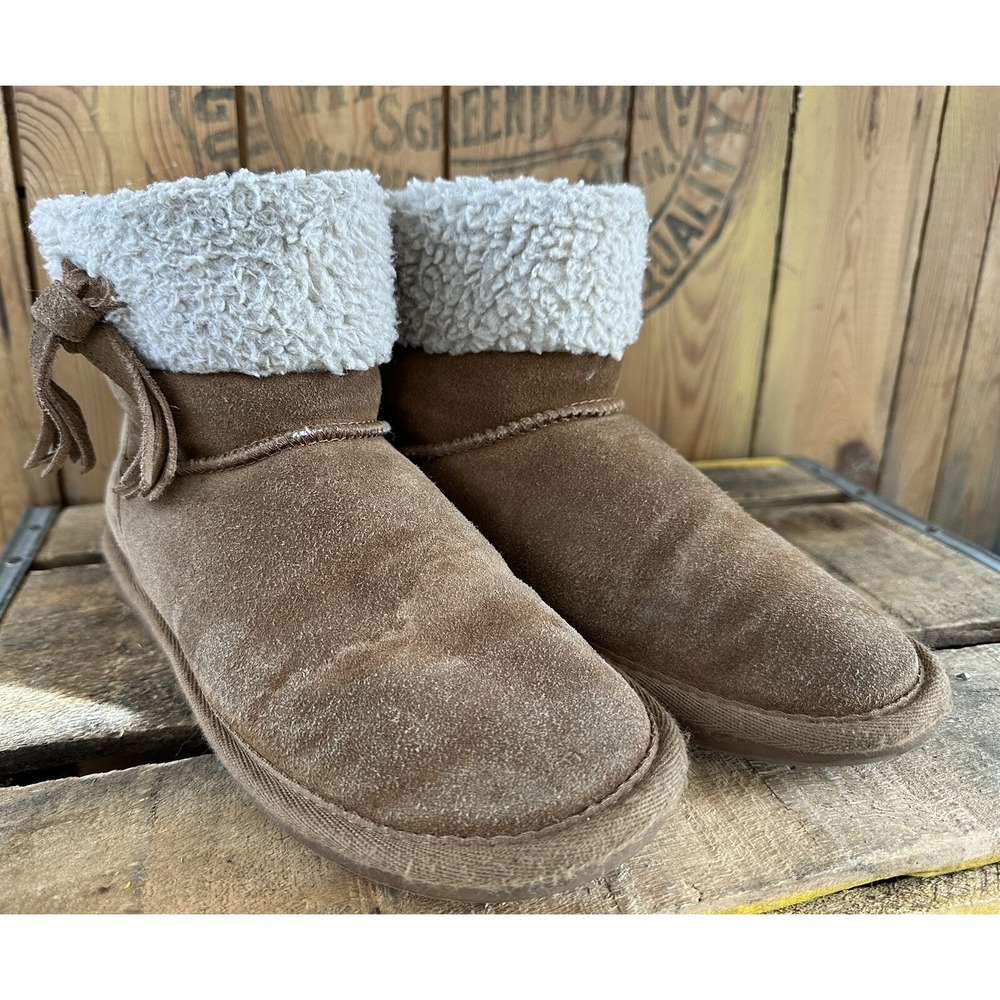 Minnetonka Suede Ankle Boots Fleece Lined Sz 6 Women's Hard Sole Brown